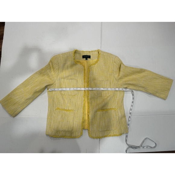 Talbots Yellow Tweed Jacket Women's Size 12 Fringe Trim Open Front Blazer - Picture 7 of 11